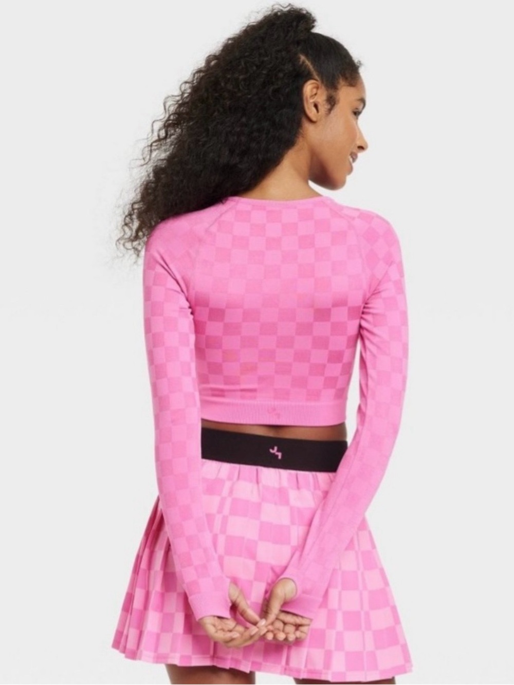 Joy Labs Pink Women's Long Sleeve Jacquard Seamless Checkered Workout Top - Picture 2 of 8